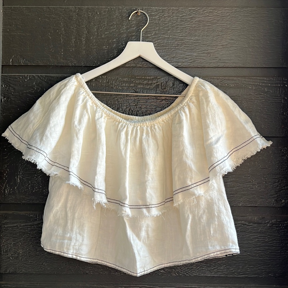 ZARA linen of the shoulder frayed top